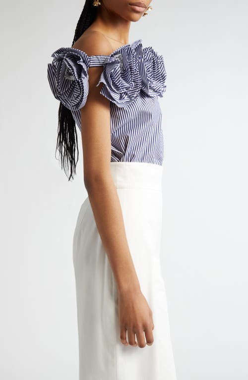 Carolina Herrera Ruffled Off-the-shoulder Striped Cotton-poplin Top In Blue