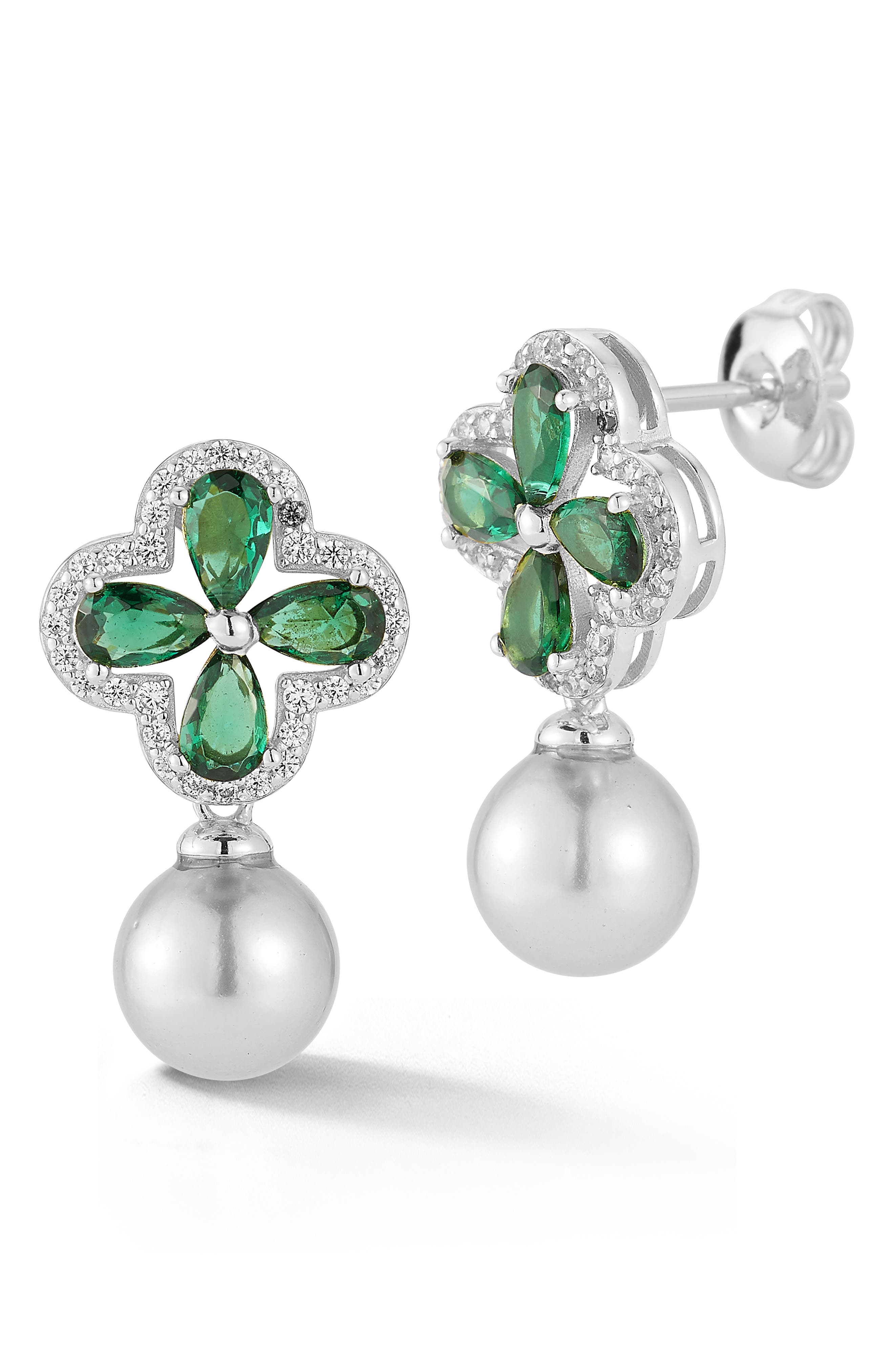 Sphera Milano Clover Faux Pearl Drop Earrings In Silver