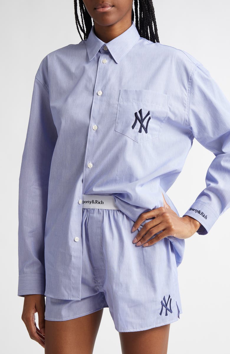Sporty & Rich Yankees Serif Cotton Oversize Button-Up Shirt, Alternate, color, 