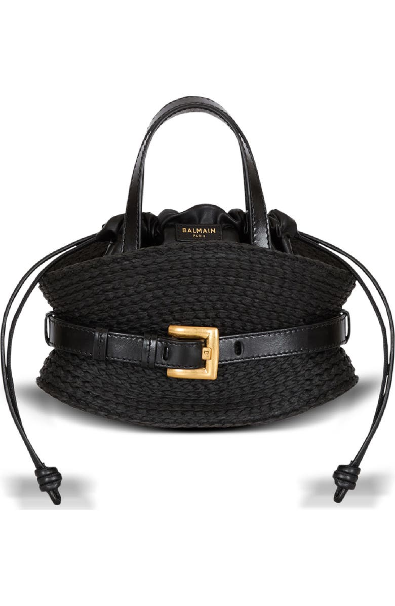Balmain Shuffle Mini bag in calfskin and raffia, Main, color, Black