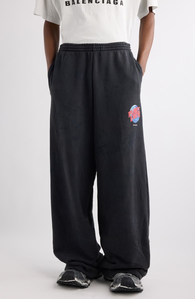 Balenciaga Planet Earth Baggy Distressed Cotton Graphic Sweatpants, Main, color, 