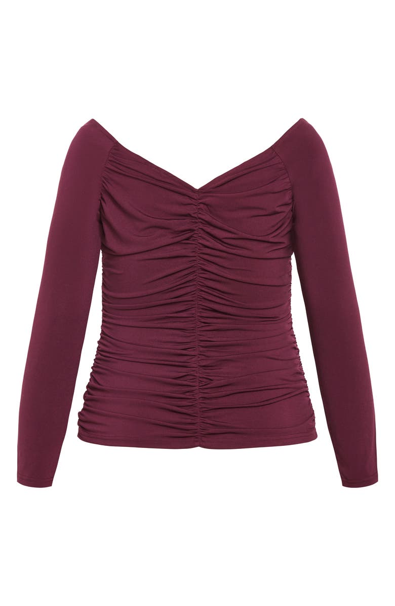 City Chic Sally Ruched Off the Shoulder Top, Alternate, color, Plum