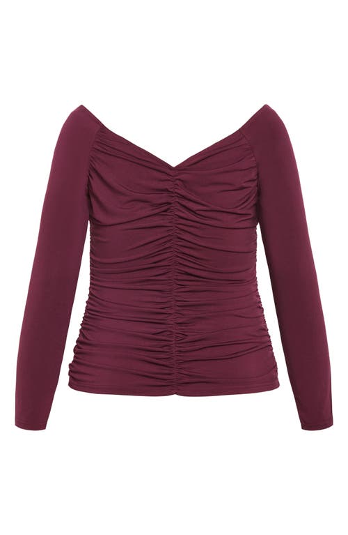 City Chic Sally Ruched Off The Shoulder Top In Burgundy