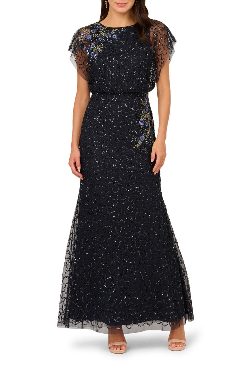 Beaded Illusion Lace Blouson Mermaid Gown, Main, color, MIDNIGHT MULTI