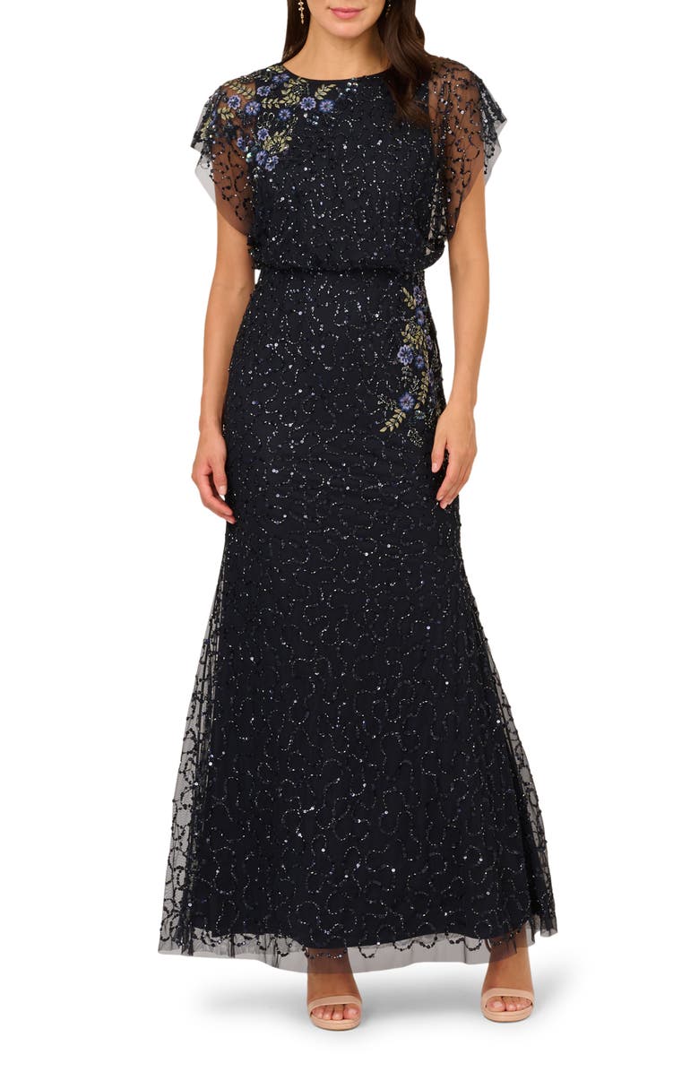 Adrianna Papell Beaded Illusion Lace Blouson Mermaid Gown, Main, color, Midnight Multi