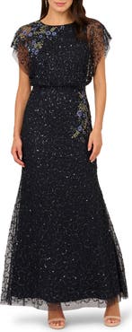 Adrianna Papell Beaded Illusion Lace Blouson Mermaid Gown