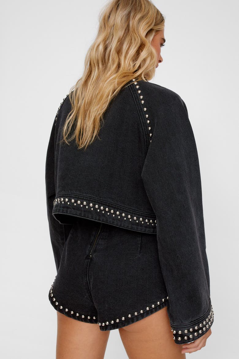 Heart Studded Cropped Denim Jacket, Alternate, color, Washed Black