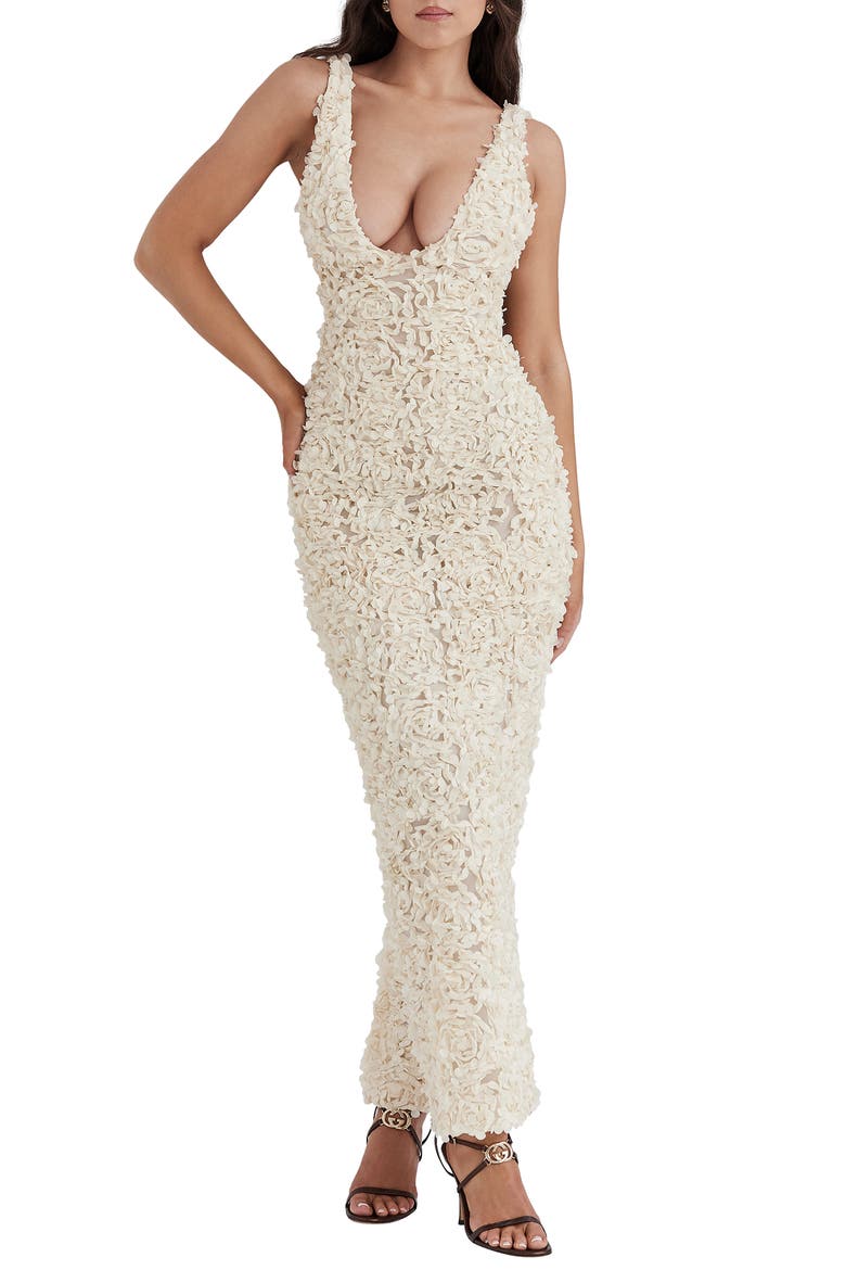 Carena 3D Floral Appliqué Plunge Neck Gown, Main, color, BLEACHED SAND