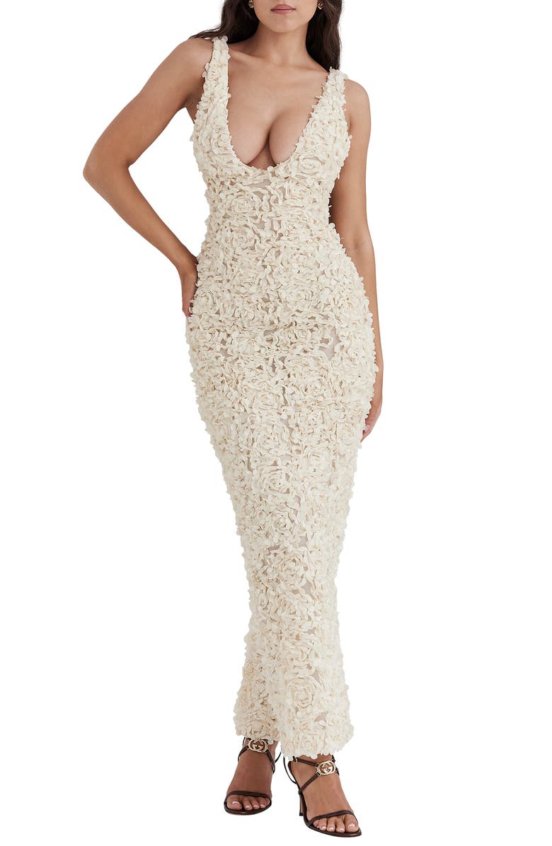 HOUSE OF CB Carena 3D Floral Appliqué Plunge Neck Gown, Main, color, Bleached Sand