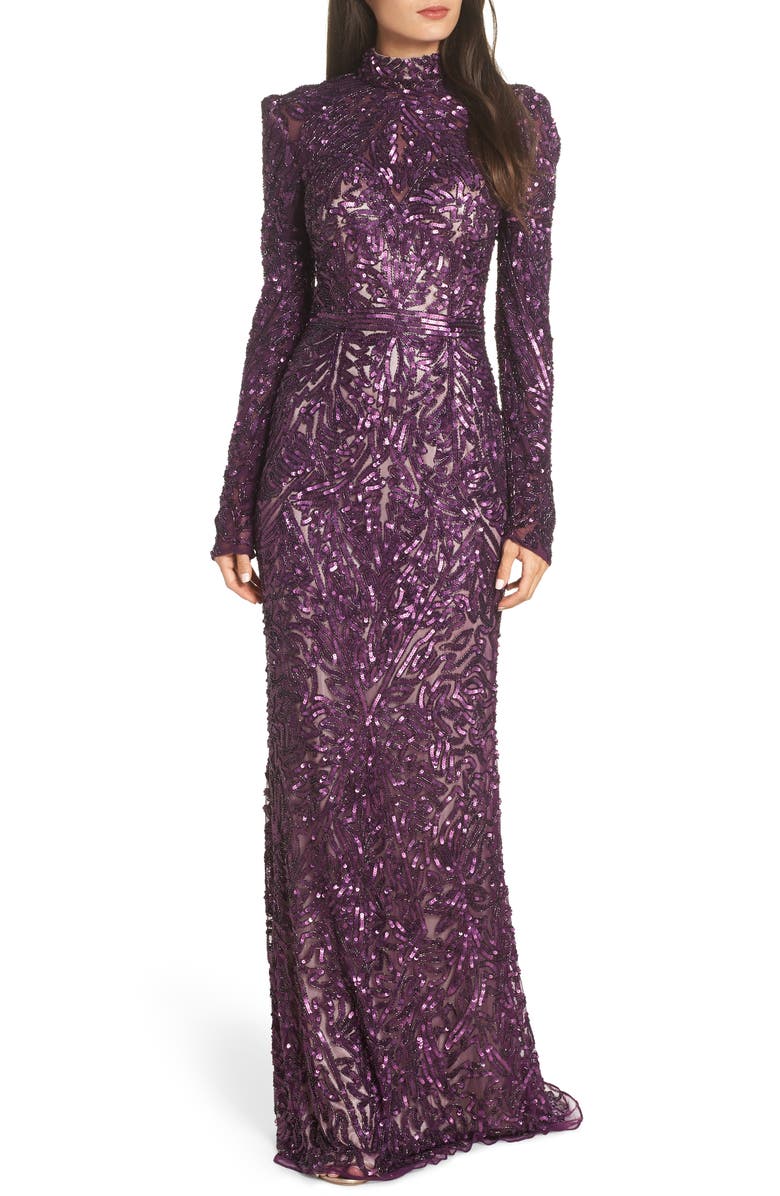 Mac Duggal Sequin Long Sleeve Column Gown, Main, color,
