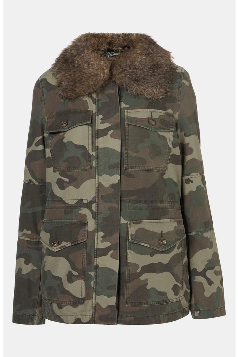 Faux Fur Lined Camo Utility Jacket, Alternate, color, KHAKI