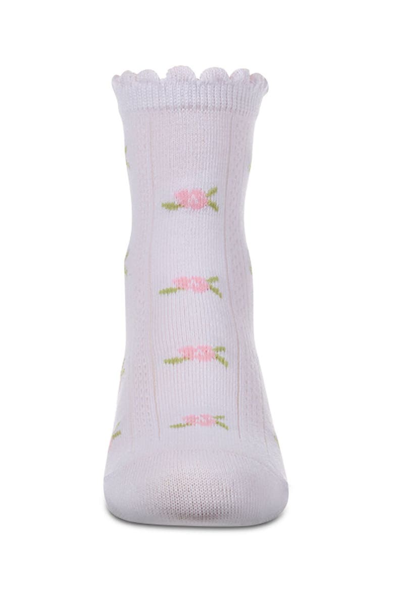 Scallop-Trim Crew Sock with Mini-Floral Pattern, Alternate, color, White