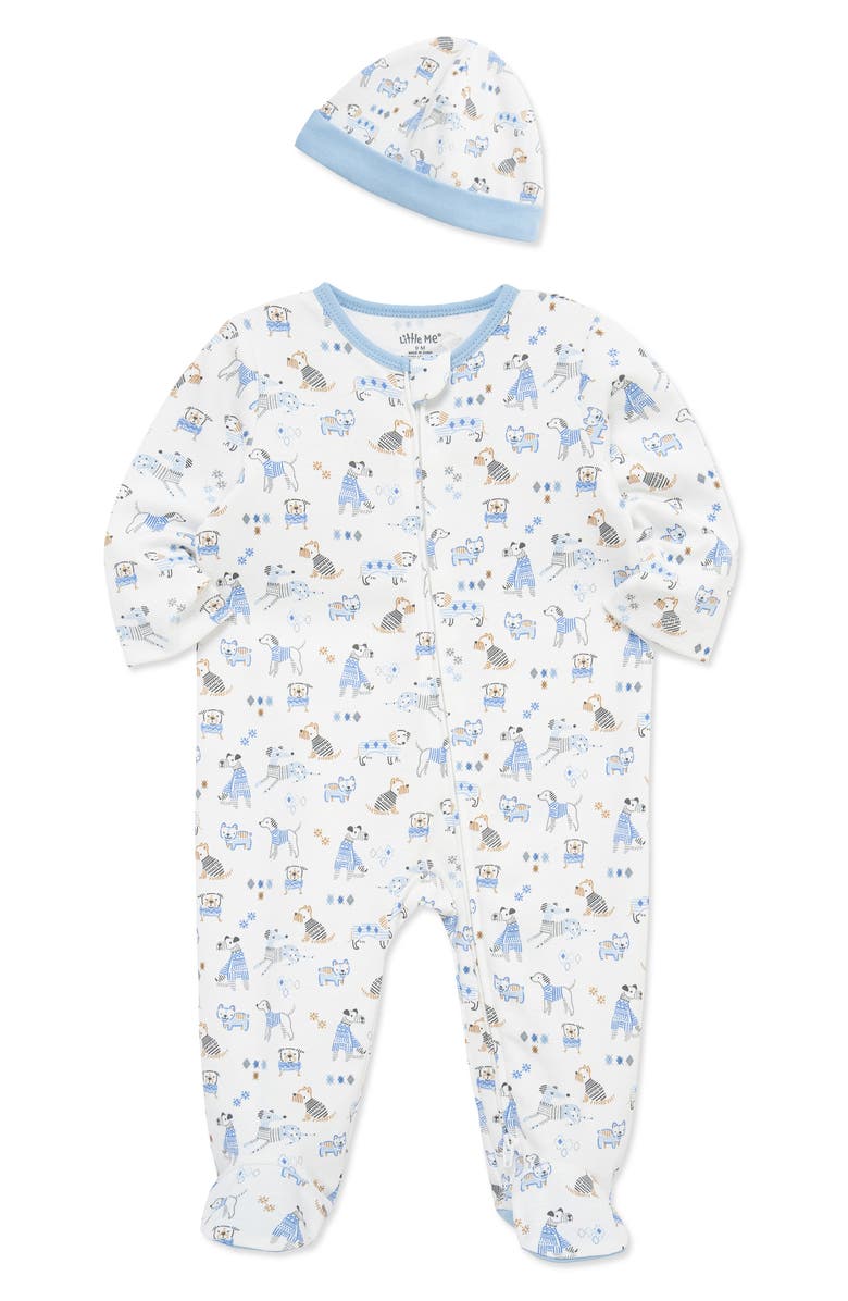 Little Me Puppy Play Cotton Footie & Hat Set, Alternate, color, Blue
