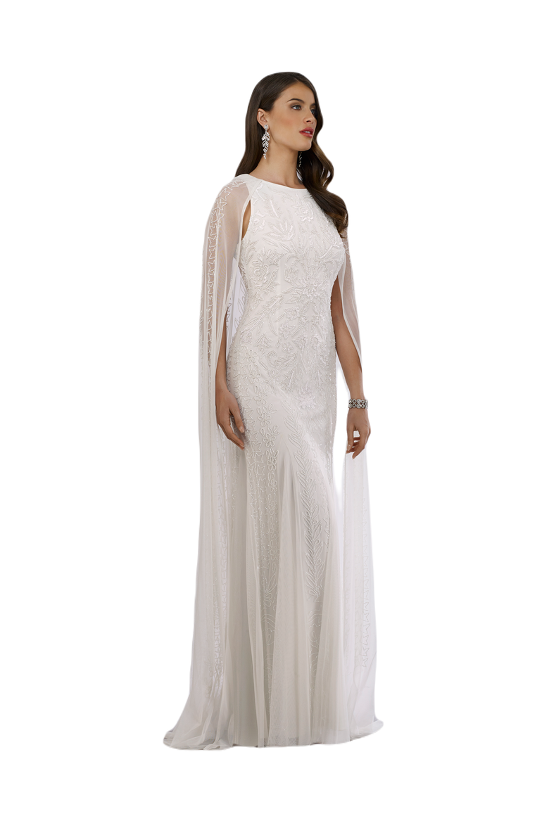 Eve Beaded Cape Sleeve Wedding Dress, Main, color, Ivory