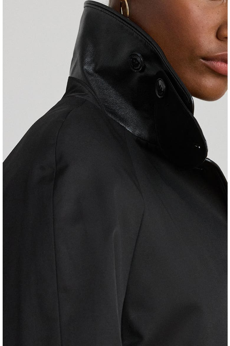 Balmacaan Single Breasted Raincoat with Faux Leather Trim, Alternate, color, BLACK