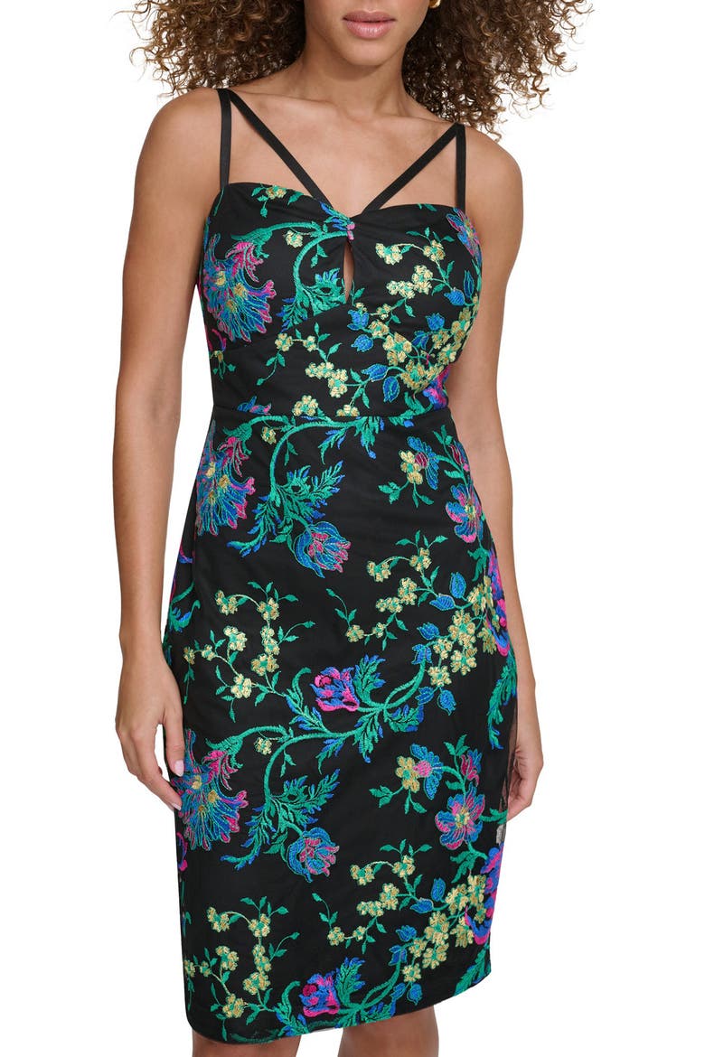 Floral Embroidered Mesh Sheath Dress, Main, color, BLACK MULTI