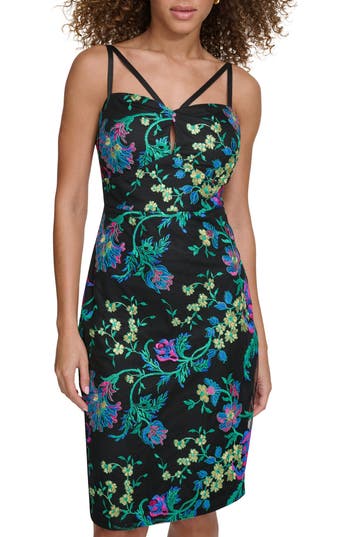Siena Floral Embroidered Mesh Sheath Dress In Black