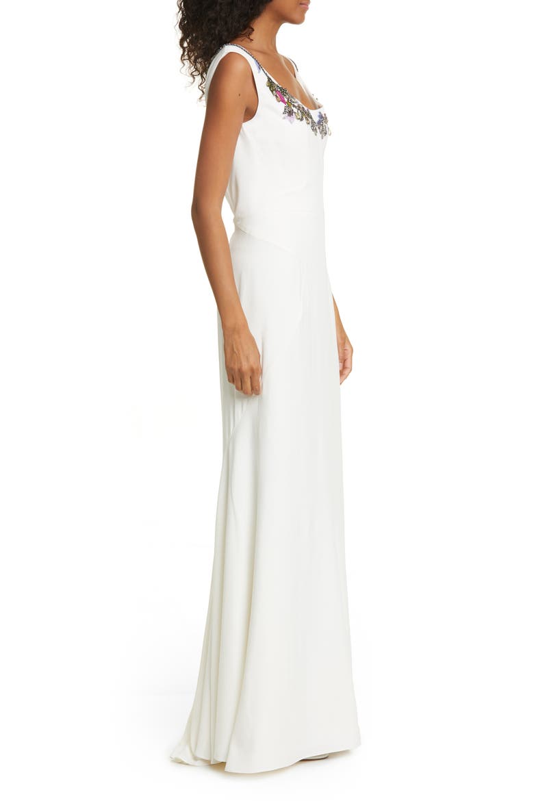 Alexander McQueen Embellished Neck Crepe Sheath Gown, Alternate, color, LIGHT IVORY