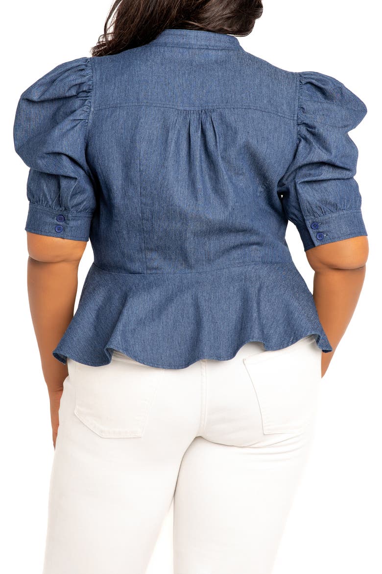 Puff Sleeve Peplum Denim Shirt, Alternate, color, DENIM BLUE