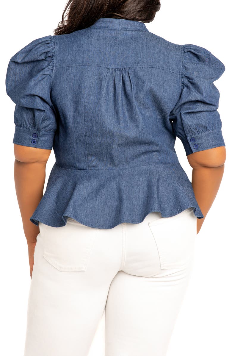 BUXOM COUTURE Puff Sleeve Peplum Denim Shirt, Alternate, color, 