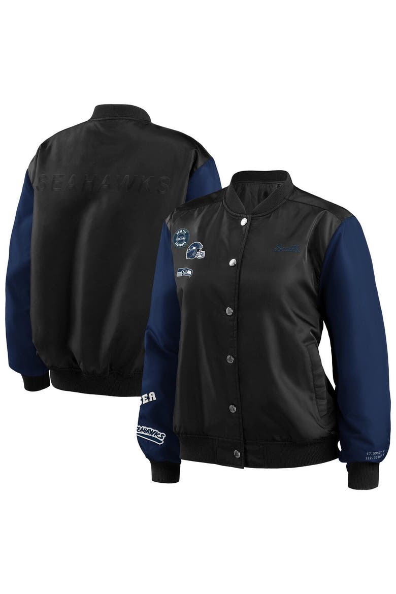 Women's WEAR by Erin Andrews Black Seattle Seahawks Bomber Full-Snap Jacket, Main, color, Black