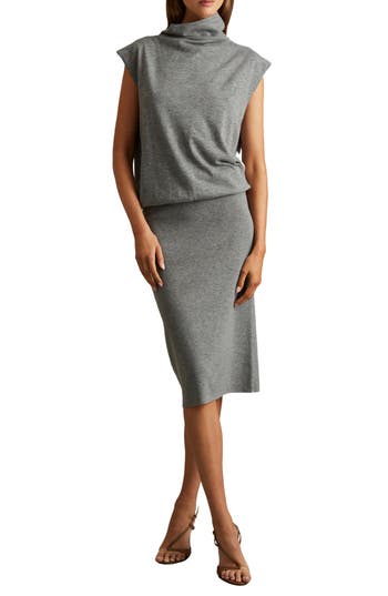 Reiss Grey Knitted Wool-cashmere Blouson Top Midi Dress In Grey