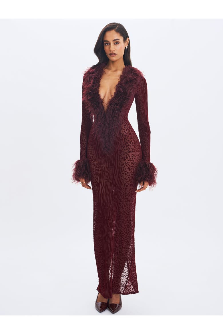 Luana Plunging Fur Trimmed Crochet Maxi Dress, Alternate, color, Burgundy