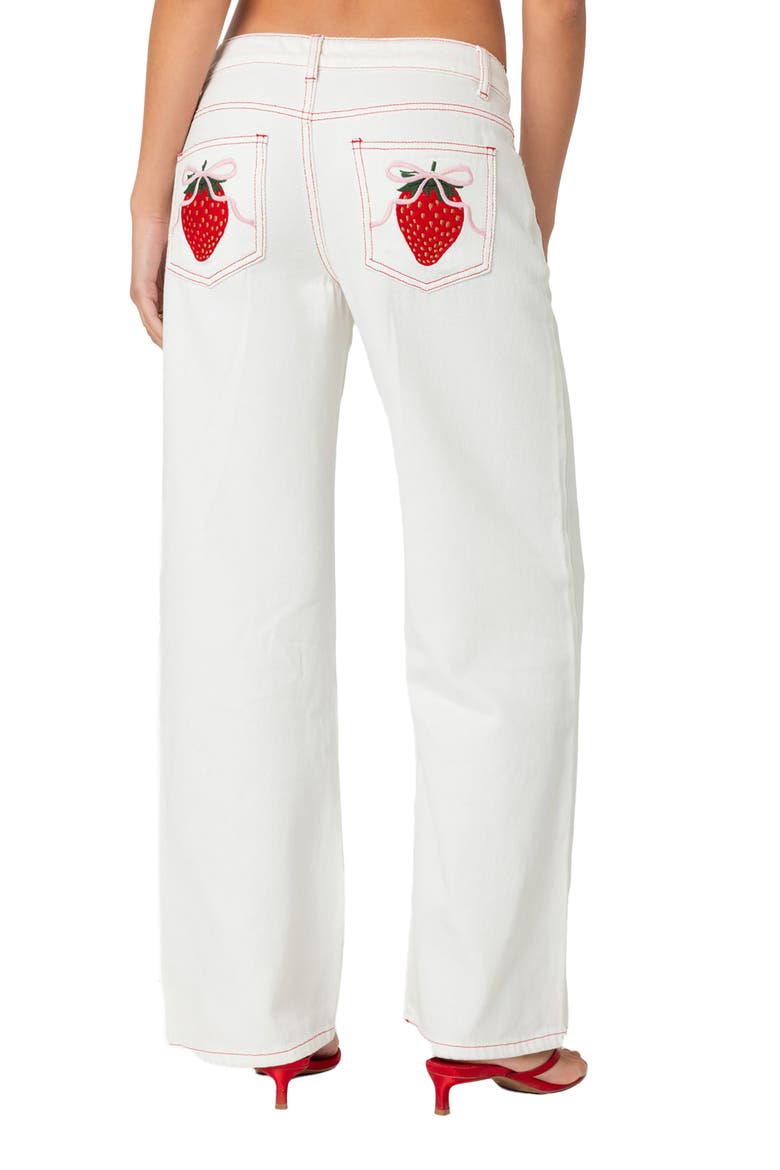 Strawberry Bow Pocket Straight Leg Jeans, Alternate, color, WHITE