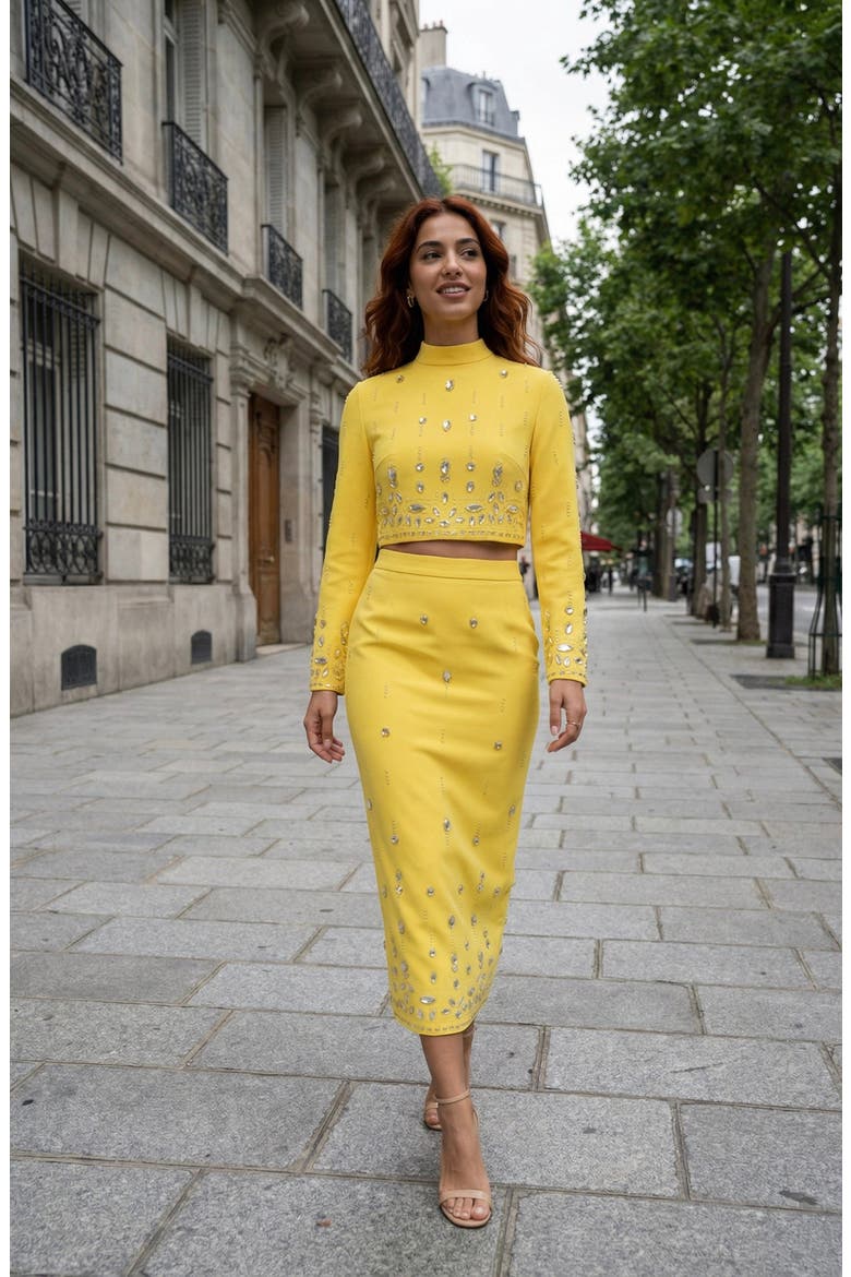 Embellished Crop Top and Midi Skirt Set, Alternate, color, Yellow
