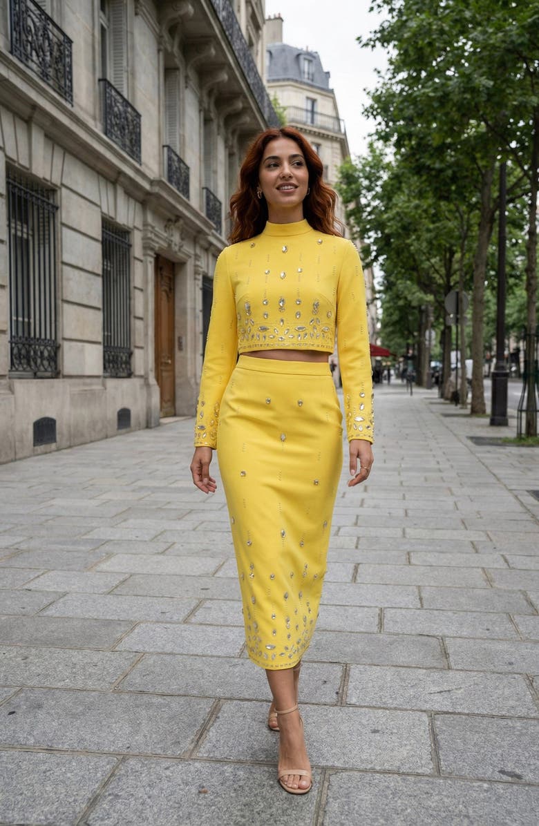 Modenaire Embellished Crop Top and Midi Skirt Set, Alternate, color, Yellow