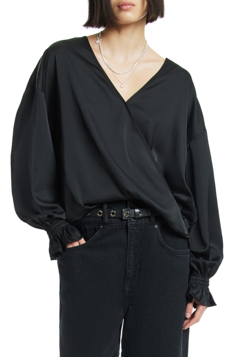 AllSaints Penny Long Sleeve High-Low Satin Top, Main, color, 