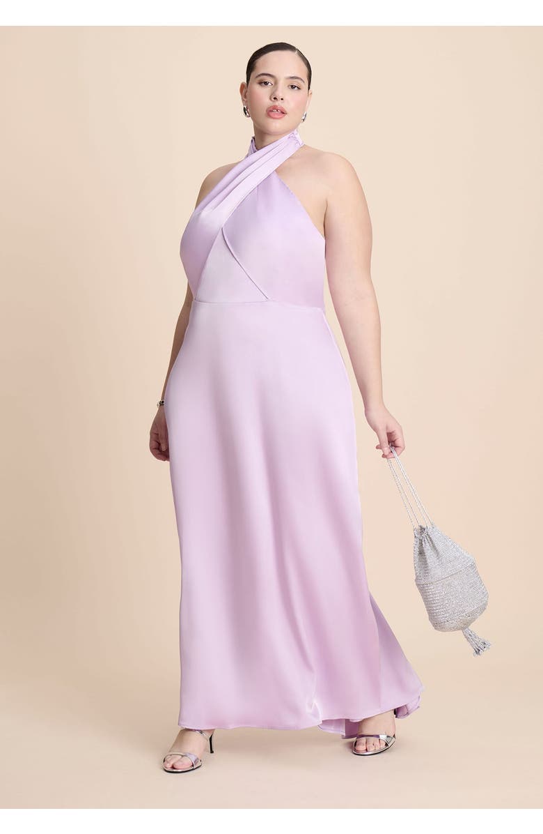 ELOQUII Halter Neck Satin Maxi Dress, Main, color, Lavendula