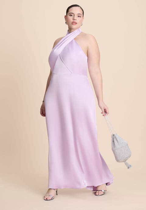 Halter Neck Satin Maxi Dress (Plus)