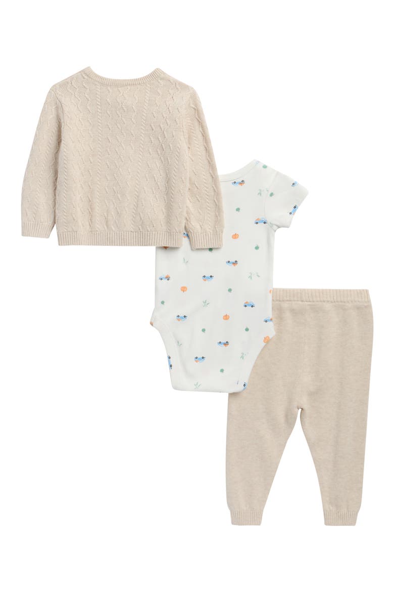Cotton Cardigan, Bodysuit & Pants Set, Alternate, color, BEIGE OATMEAL HEATHER PATCH