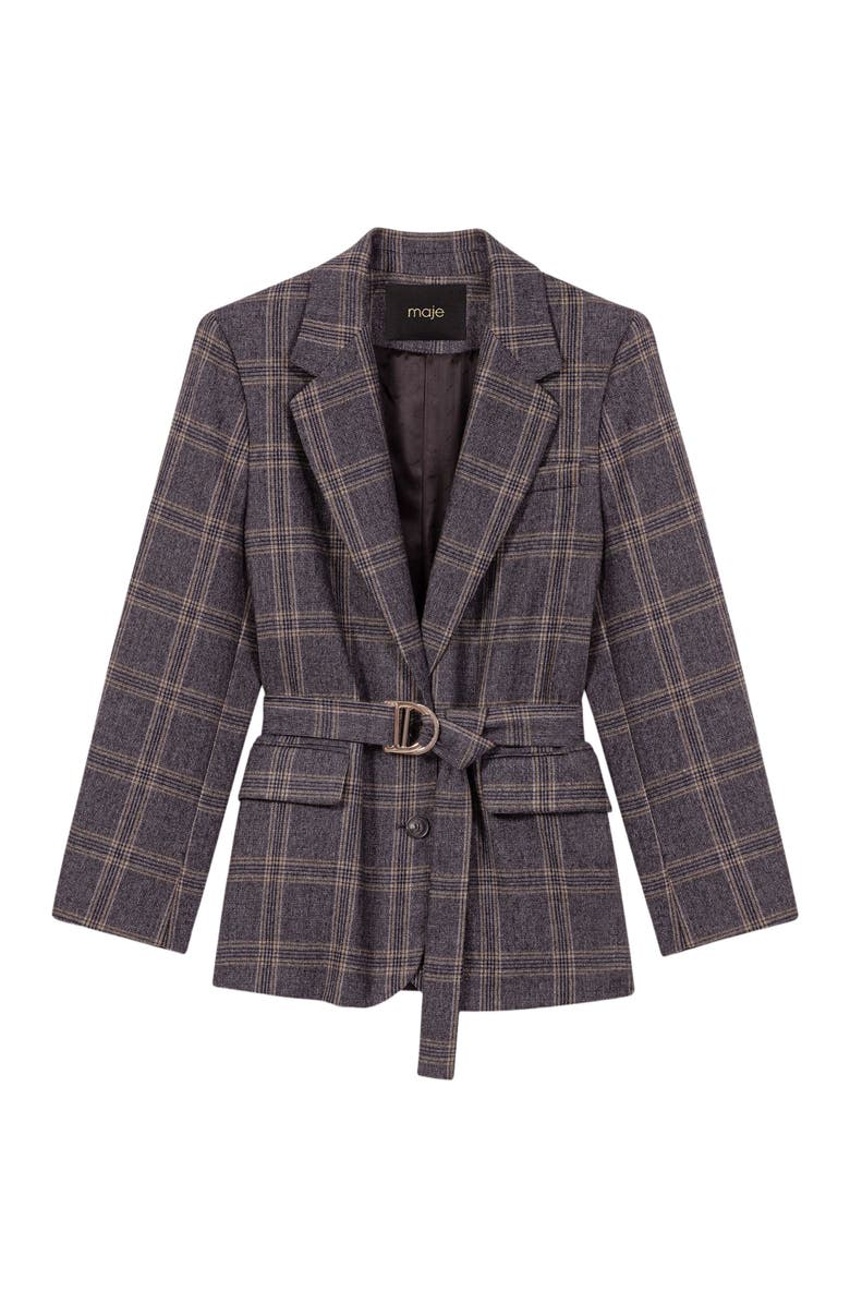 maje Checkered belted suit jacket, Alternate, color, Grey