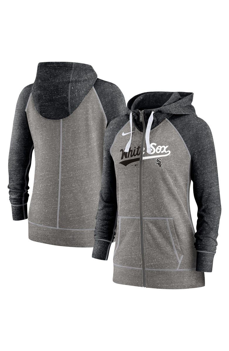 Nike Women's Nike Heathered Charcoal/Heathered Black Chicago White Sox Split Wordmark Gym Vintage Raglan Slub Full-Zip Hoodie, Alternate, color, Heather Charcoal