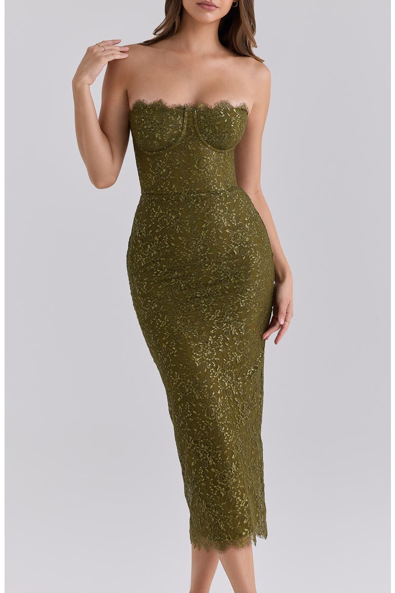 Alexia Metallic Floral Lace Strapless Midi Dress, Alternate, color, OLIVE