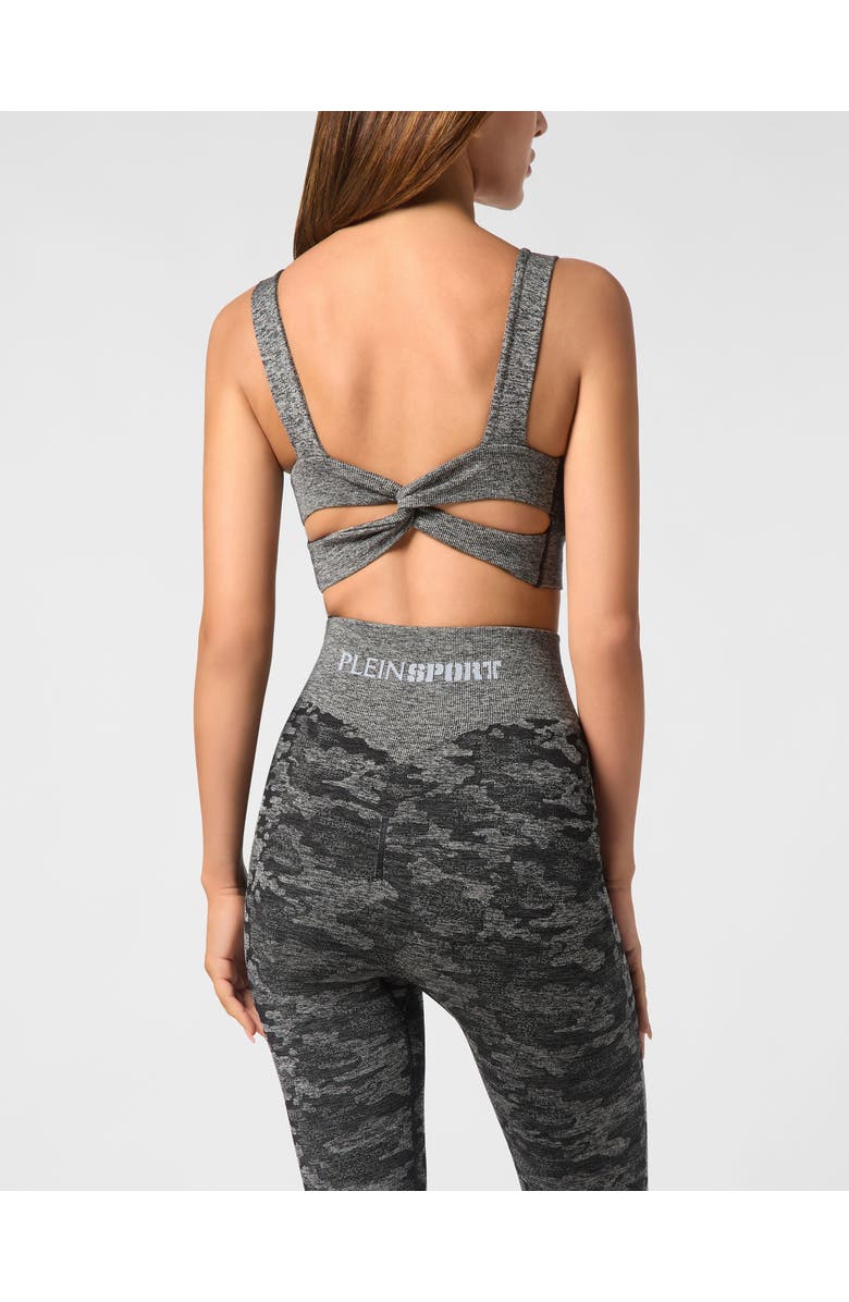PLEIN SPORT Seamless Crossed Straps Sport Bra Logo, Alternate, color, Black
