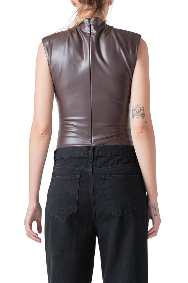 Mock Neck Faux Leather Bodysuit, Alternate, color, BROWN