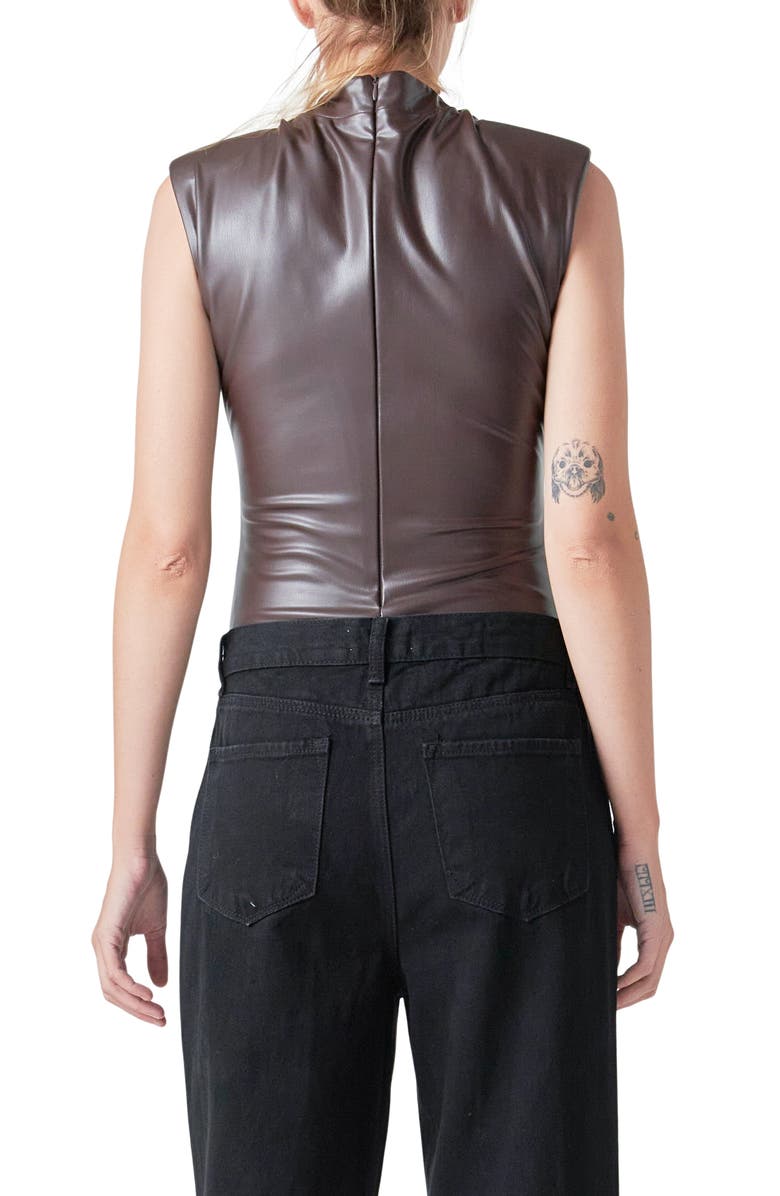 Grey Lab Mock Neck Faux Leather Bodysuit, Alternate, color, Brown