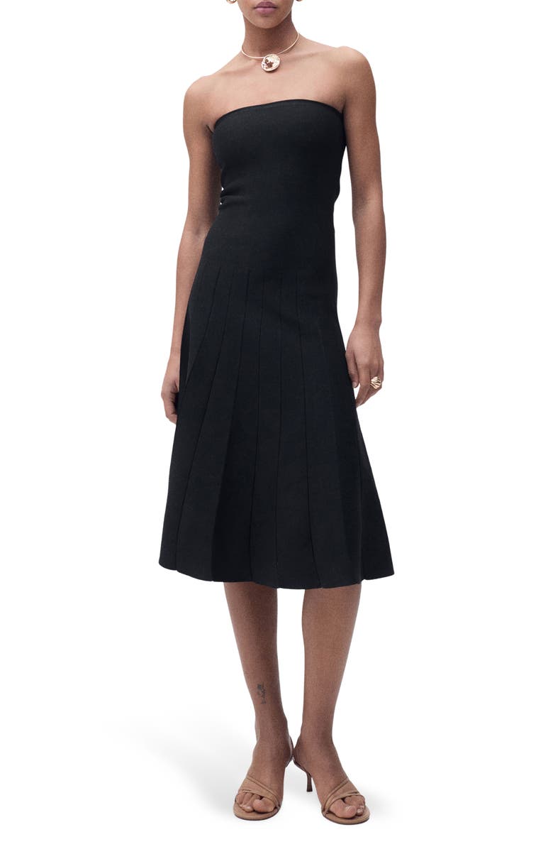 MANGO Pleated Strapless Dress, Main, color, Black