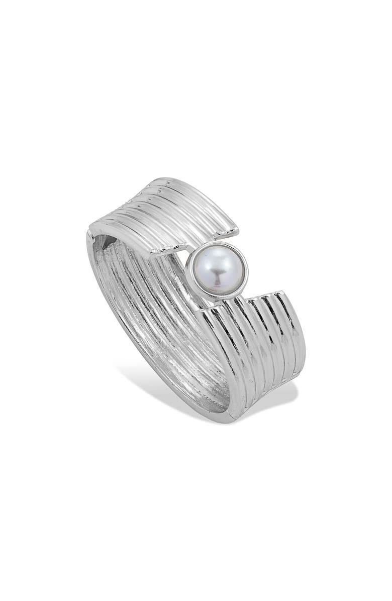 SAVVY CIE JEWELS Imitation Pearl Hinged Bangle Bracelet, Main, color,