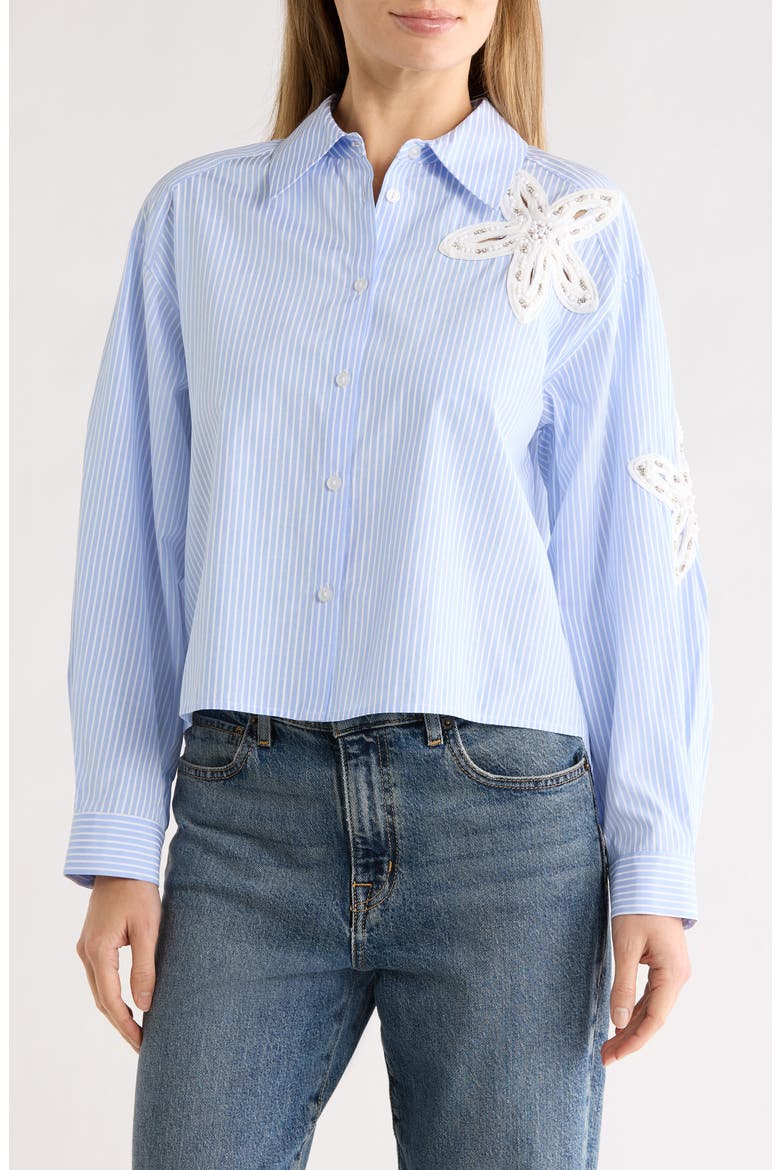 Floral Appliqué High-Low Button-Up Shirt, Main, color, WHITE/ LIGHT BLUE