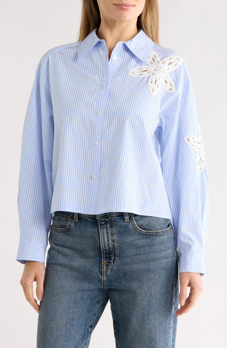 Gemma + Jane Floral Appliqué High-Low Button-Up Shirt, Main, color, 