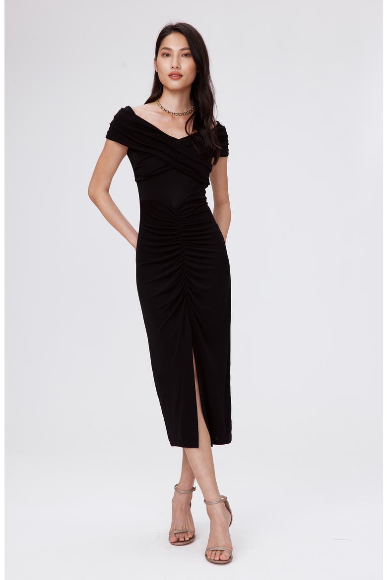 Stephen Portrait Neck Midi Dress, Alternate, color, BLACK