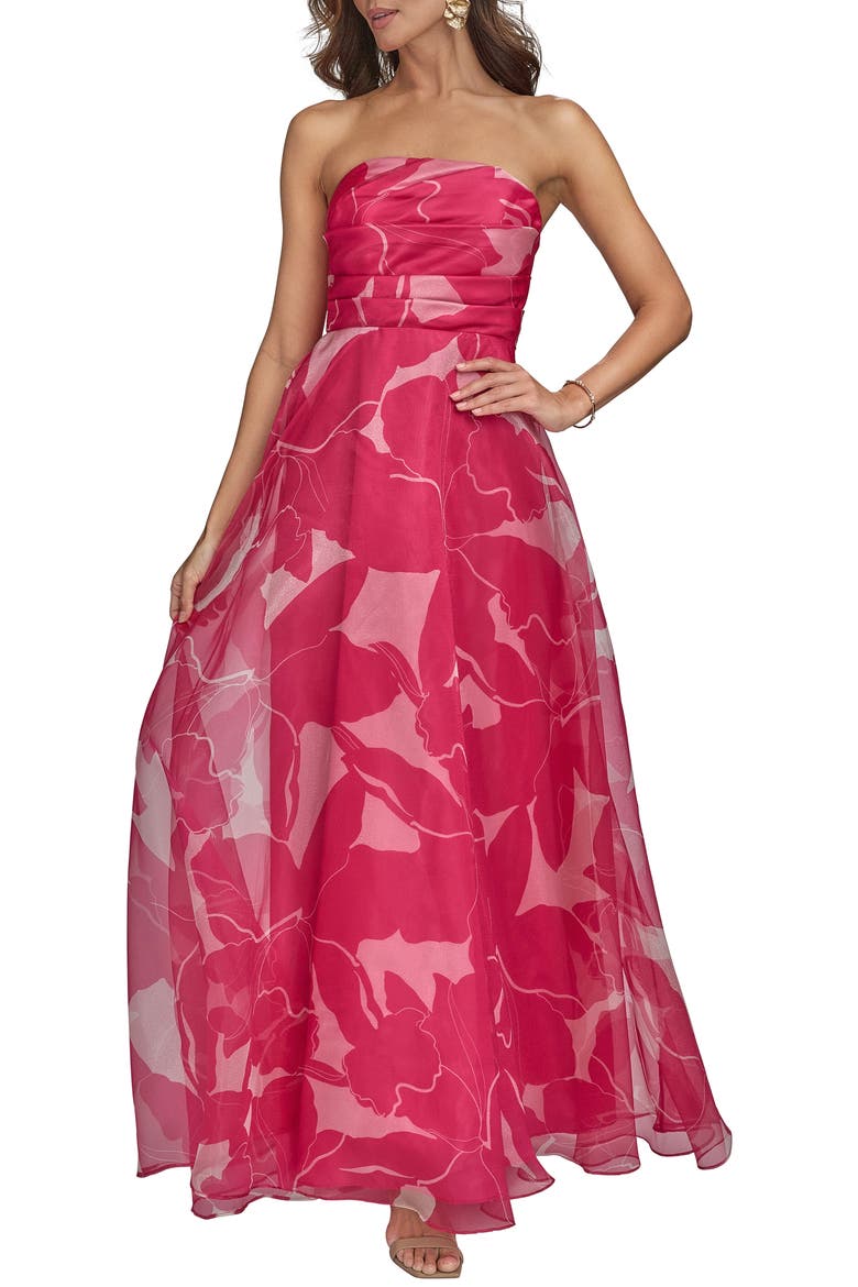 Floral Strapless Gown, Main, color, HOT FUCHSIA