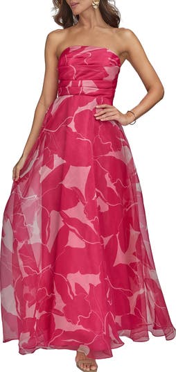 【Donna Karan New York】Floral Print Strapless Ball Gown Donna Karan New York Women's Metallic Jacquard One-shoulder
