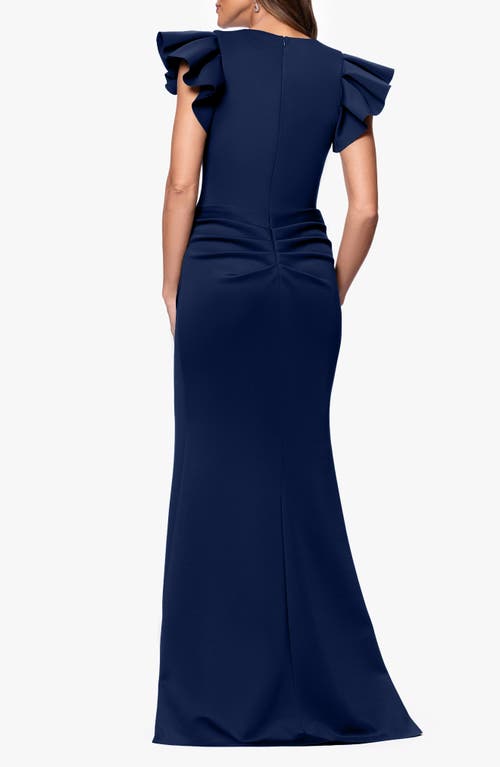Xscape Evenings Ruffle Ruched Scuba Gown In Midnight