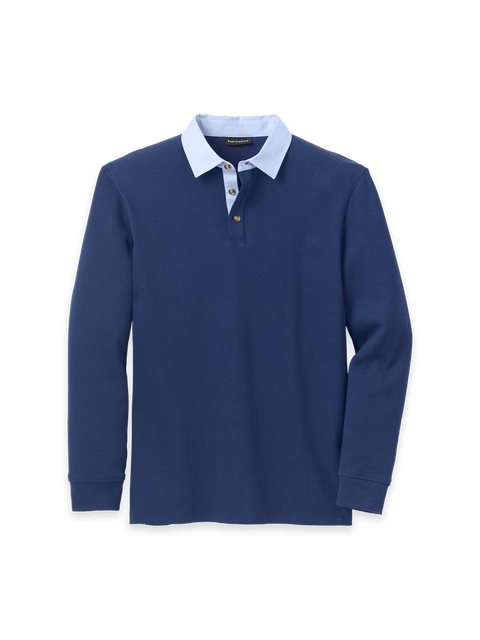 Long Sleeve Cotton/Polyester 3-Button Polo With Woven Collar
