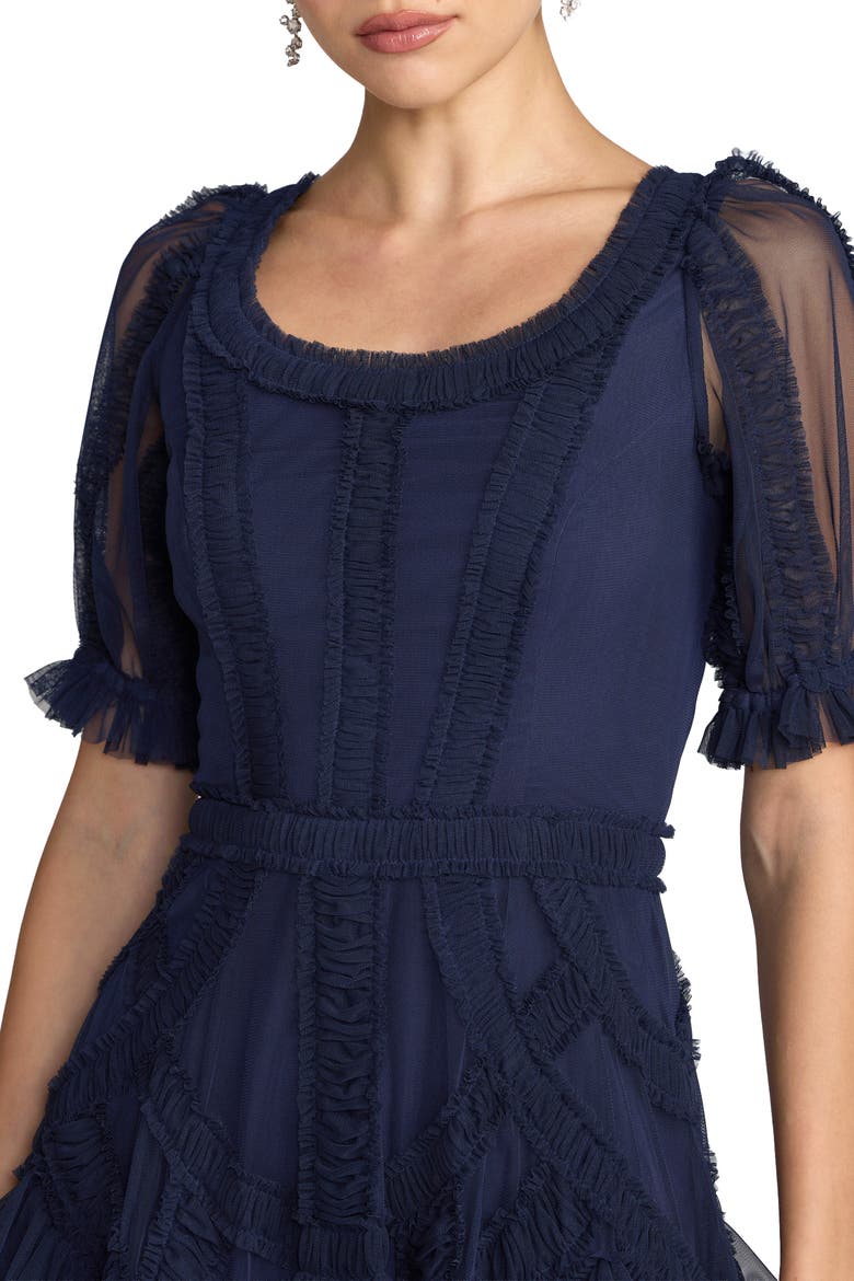 Petite Short Sleeve Mesh Micro Ruffle Midi Dress, Alternate, color, Indigo